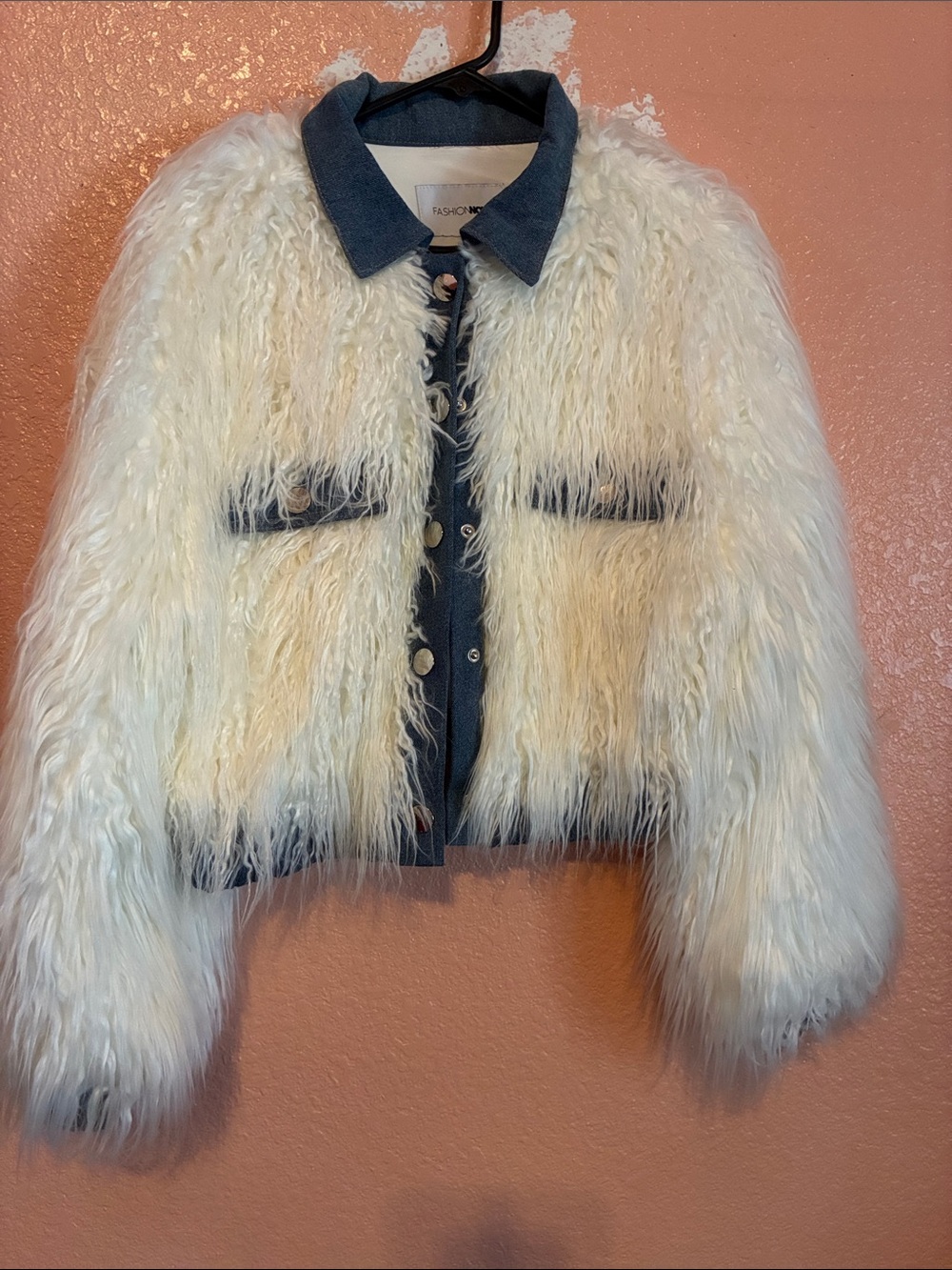 Fashion Nova Cream Faux Fur Cropped Jacket with Blue Denim Trim
